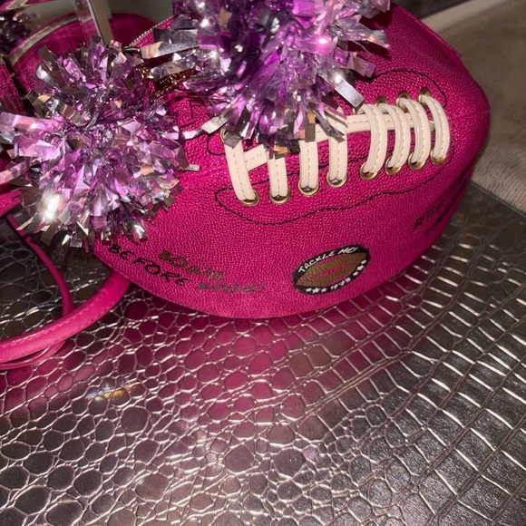Betsey Johnson Pink Football purse  with Sparkly Pom-Poms - Picture 2 of 11